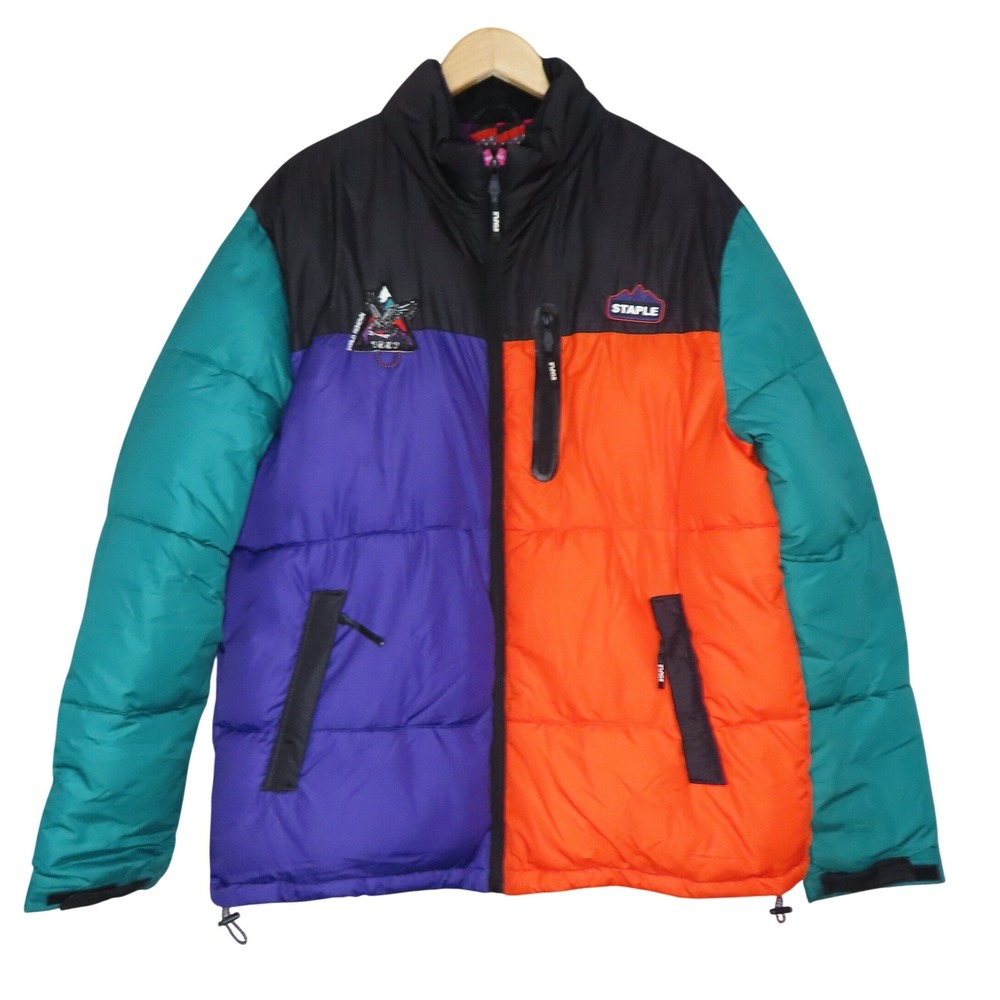 Staple‎ Mens Colorblock Puffer Jacket Multi Color World Renown Eagle XL